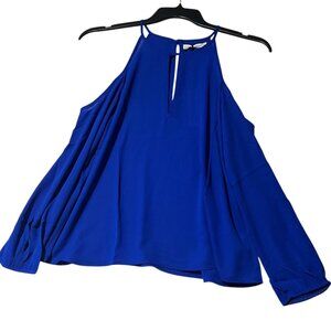 Three‎ Eighty Two Women's S Blue Cold Shoulder Blouse Top Key Hole Open Sleeve
